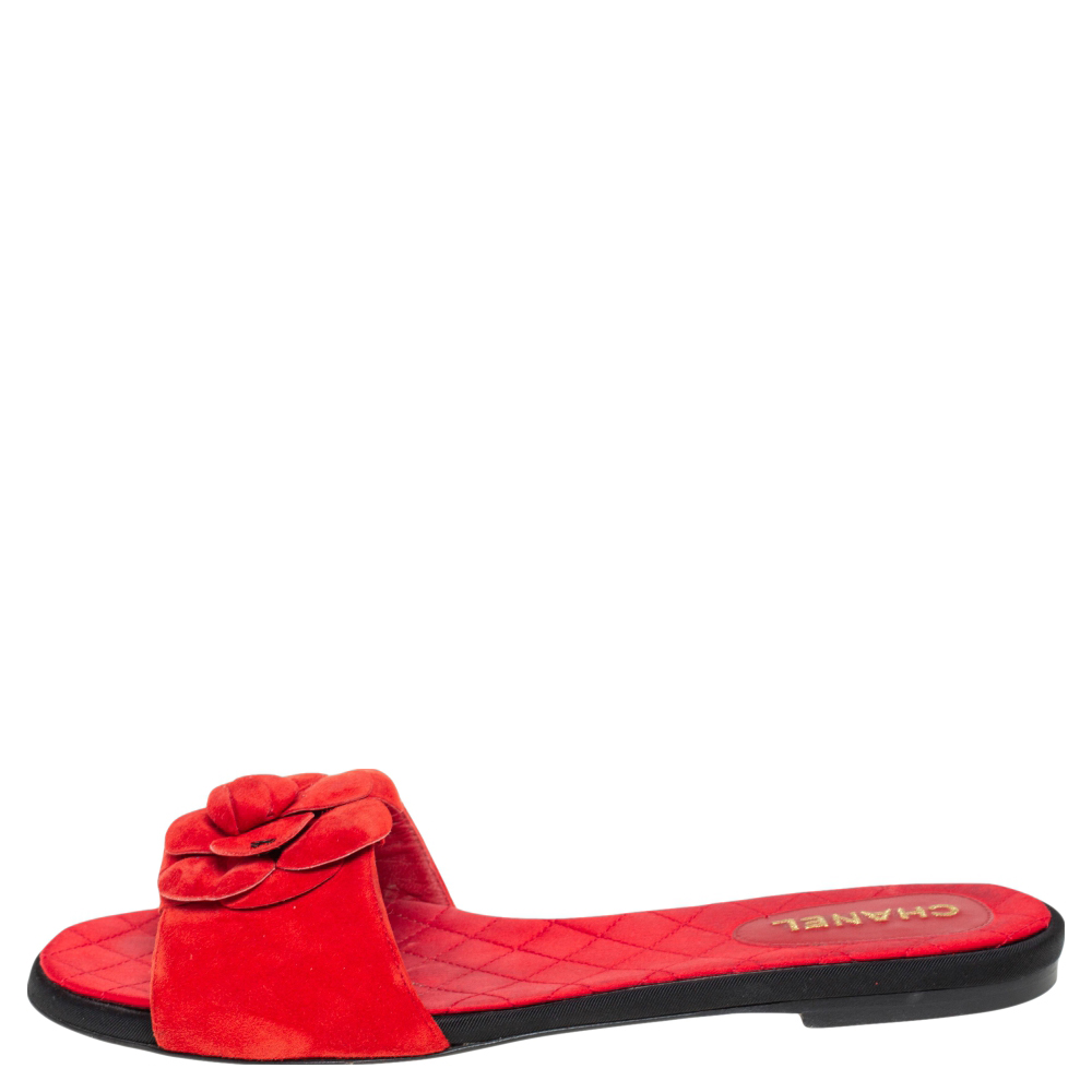 

Chanel Red Suede Camellia Flat Sandals Size