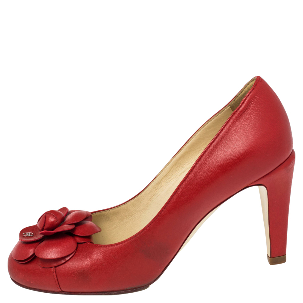 

Chanel Red Leather Camellia Pumps Size