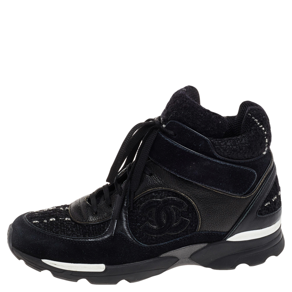 

Chanel Black Tweed And Leather CC High Top Sneakers Size