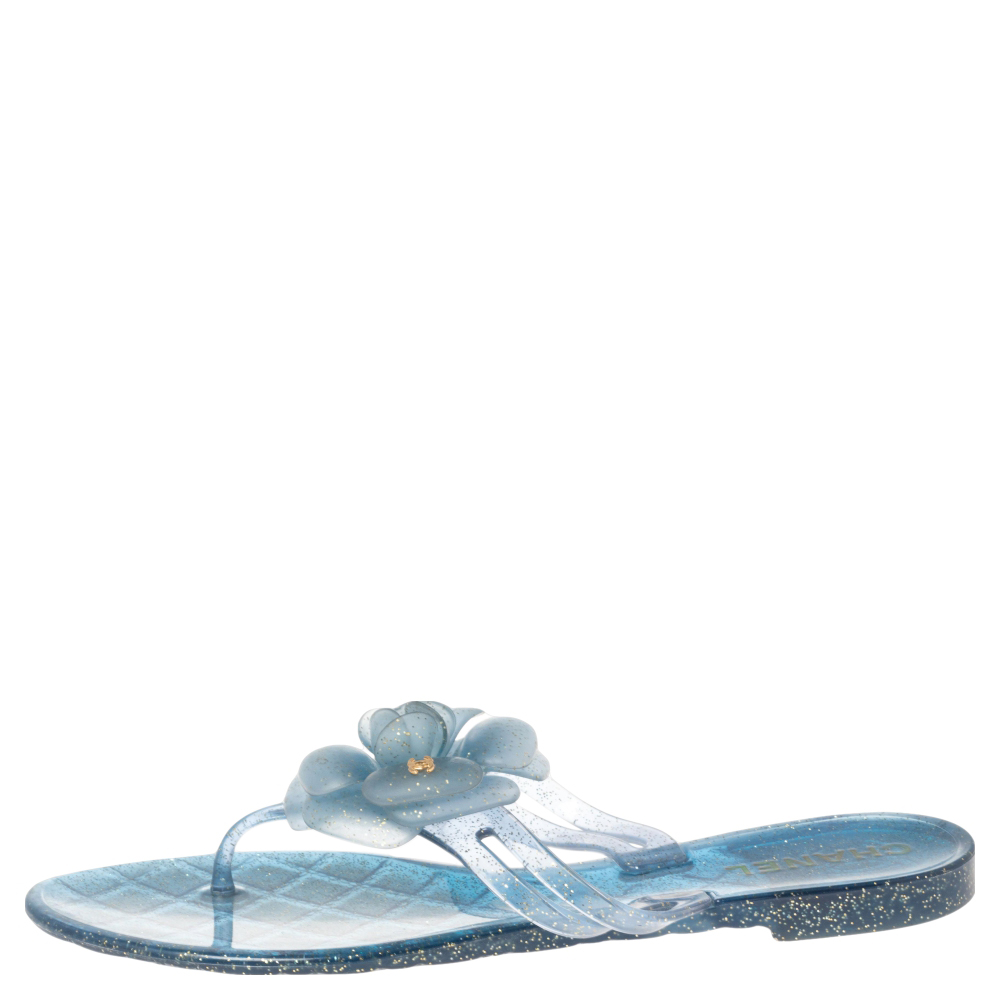 

Chanel Blue Glitter Jelly Camellia Thong Flat Sandals Size