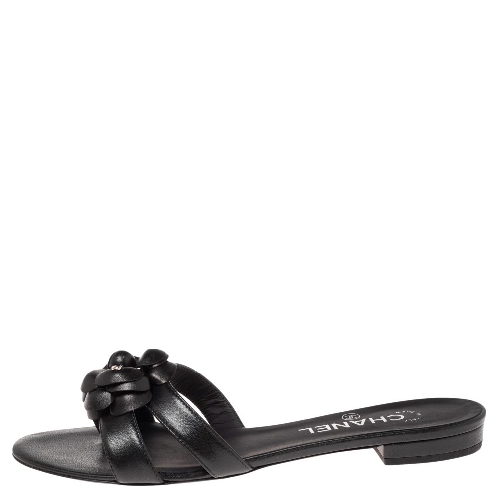 

Chanel Black Leather Camellia Open Toe Slide Sandals Size