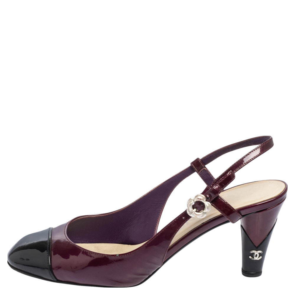 

Chanel Purple/Black Patent Leather Cap Toe Slingback Sandals Size