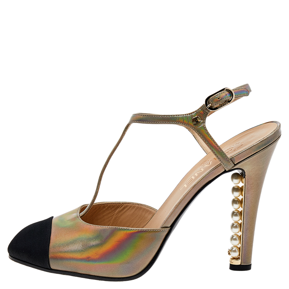 

Chanel Multicolor Iridescent Leather And Fabric CC Pearl Embellished T Strap Sandals Size