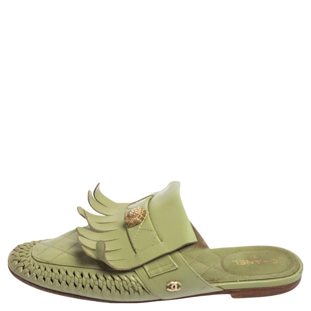 

Chanel Green Quilted Leather Lion Fringe Flat Mules Size