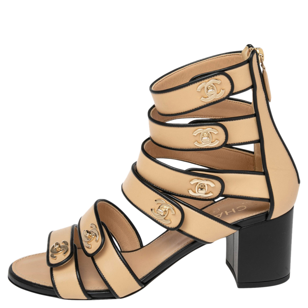 

Chanel Beige/Black Leather CC Gladiator Sandals Size