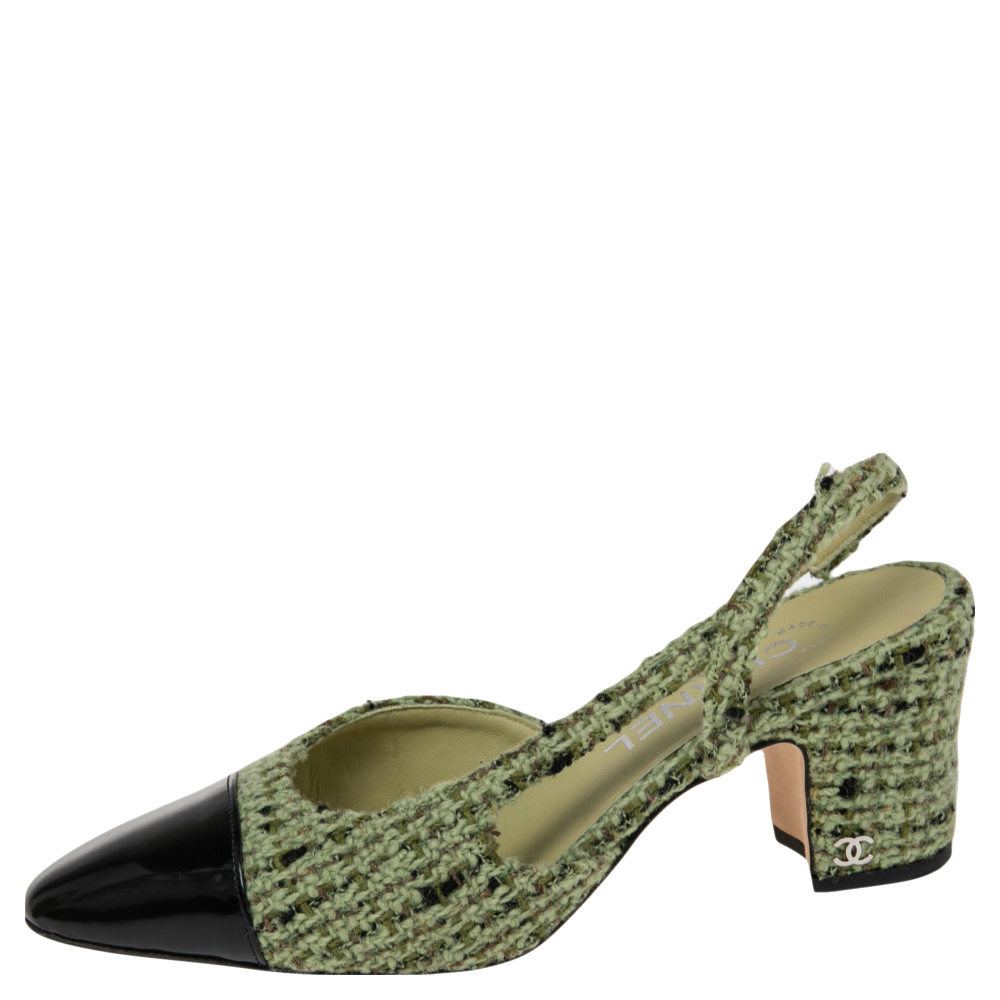 

Chanel Green/Black Tweed And Patent CC Cap Toe Slingback Sandals Size