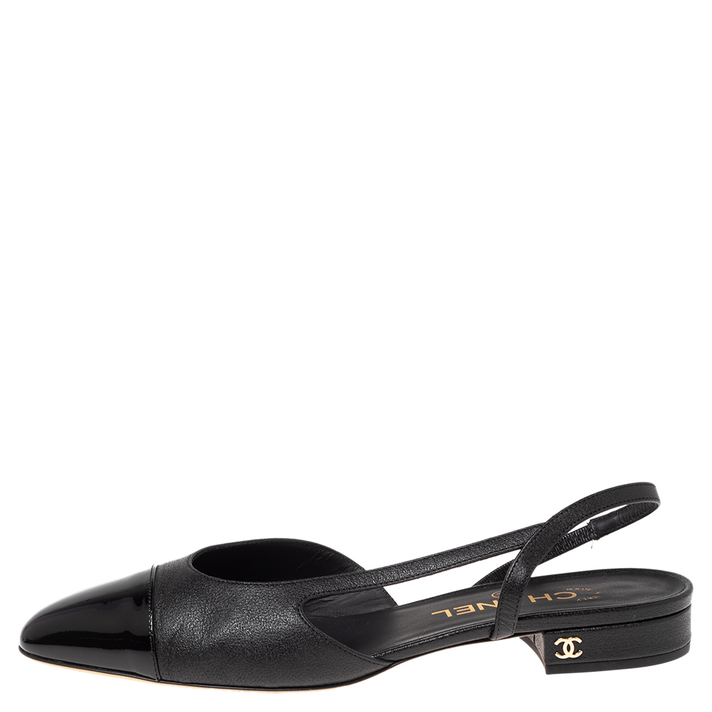

Chanel Black Leather And Patent Cap Toe Slingback Flats Size