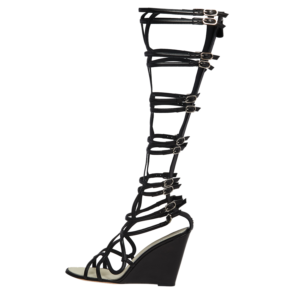 

Chanel Black Leather Open Toe Gladiator Wedge Sandals Size