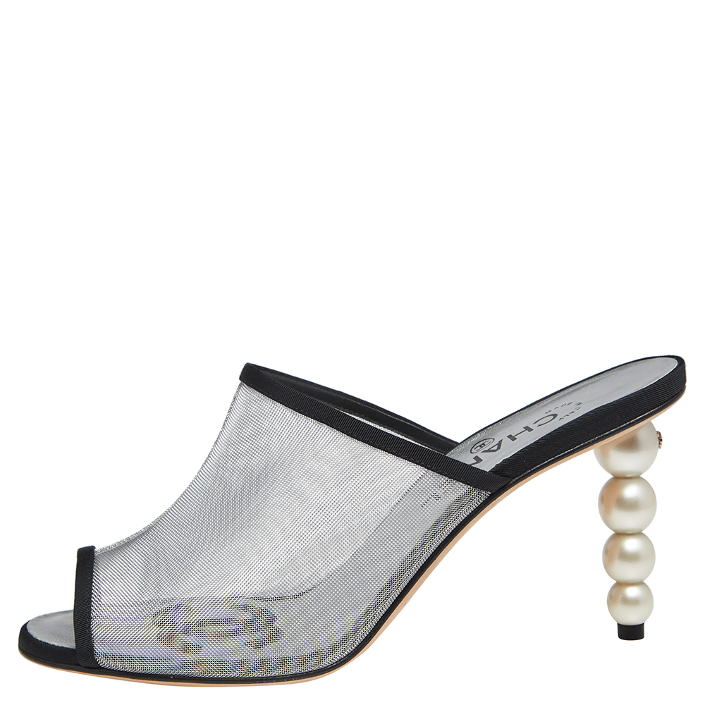 

Chanel Silver Mesh And Canvas Pearl Heels Slide Sandals Size