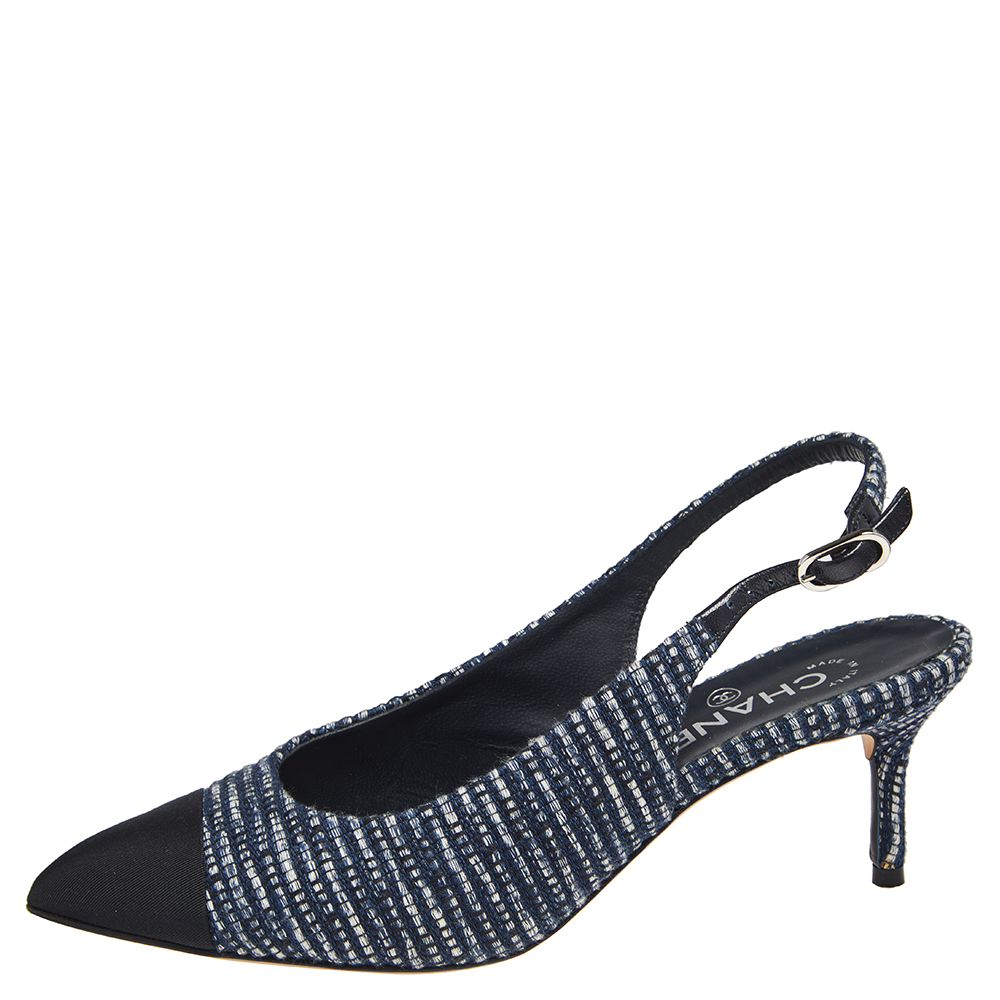 

Chanel Blue/Black Tweed Cap Toe Slingback Pumps Size