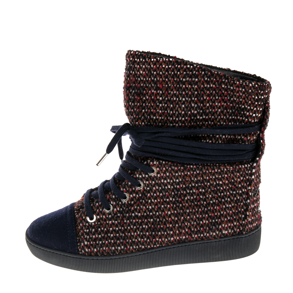 

Chanel Multicolor Tweed Lace Wrap Ankle Boots Size