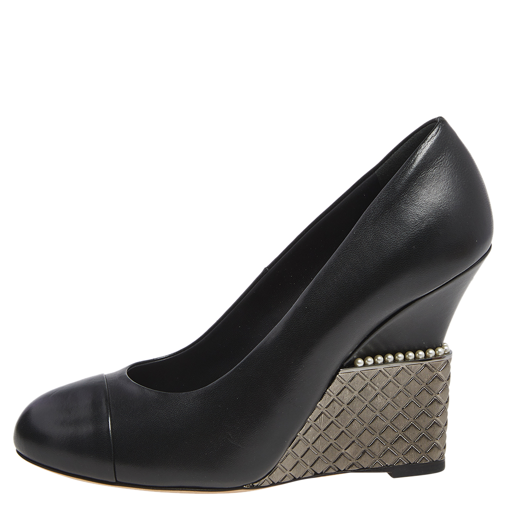 

Chanel Black Leather CC Wedge Pumps Size