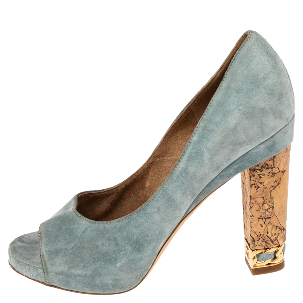 

Chanel Light Blue Suede Cork Heel Open Toe Pumps Size