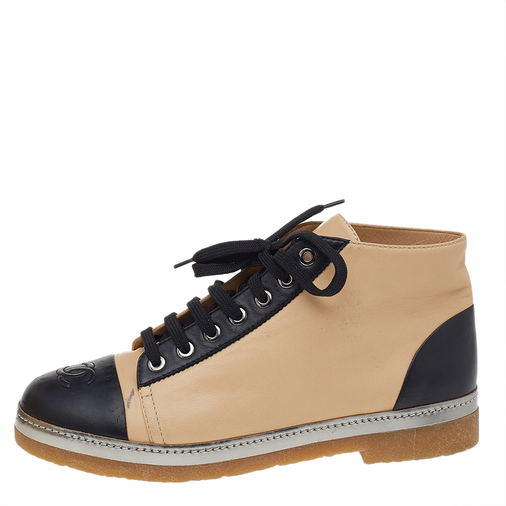 

Chanel Beige/Black Leather CC Cap Toe High Top Sneakers Size