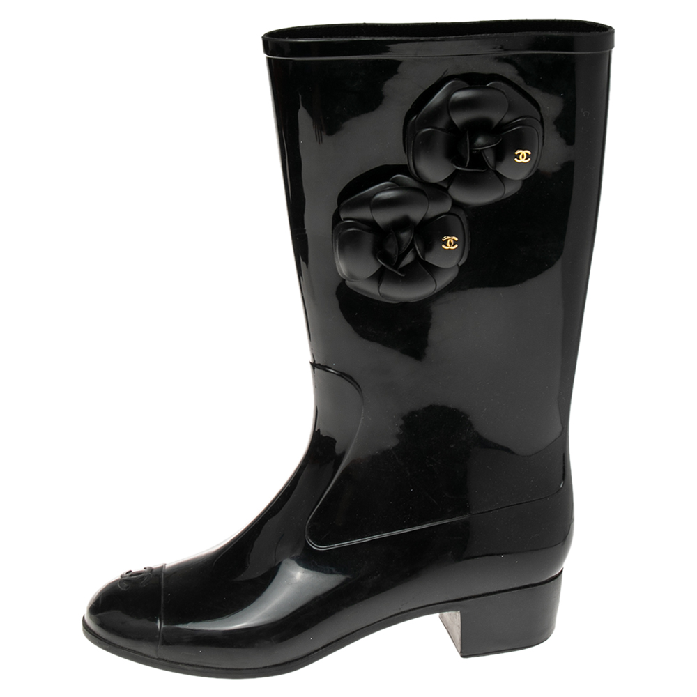 

Chanel Black Camellia Rubber Rain Boots Size