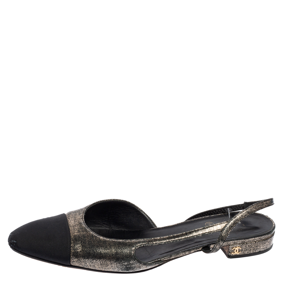 

Chanel Black/Gold Suede and Fabric Cap Toe Slingback Flats Size, Metallic