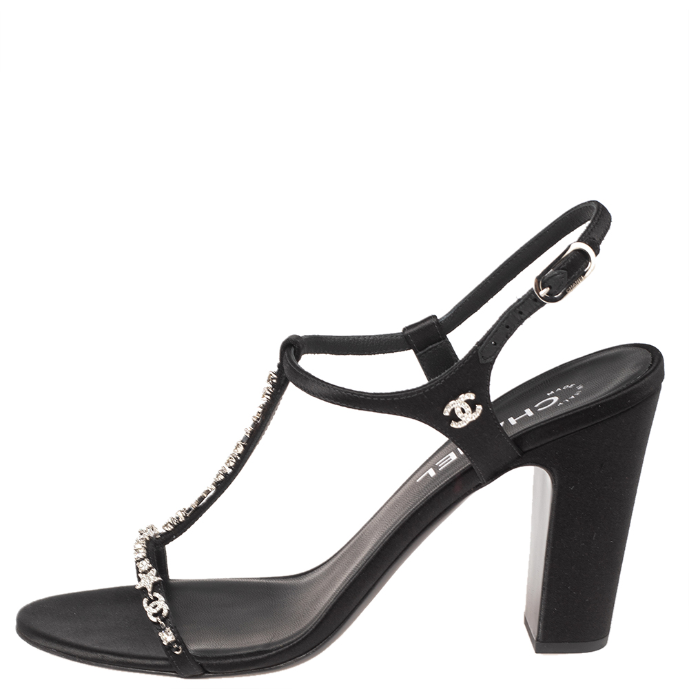 

Chanel Black Satin Crystal Embellished T Strap Block Heel Sandals Size