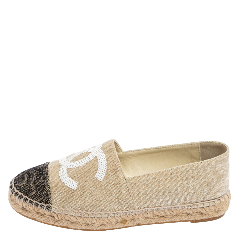 

Chanel Beige/Black Canvas And Tweed Fabric Sequins Embellished CC Cap Toe Espadrille Flats Size