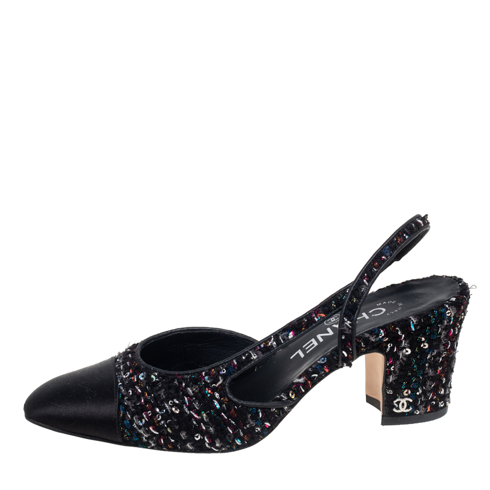 

Chanel Multicolor Tweed and Satin Cap Toe Slingback Sandals Size