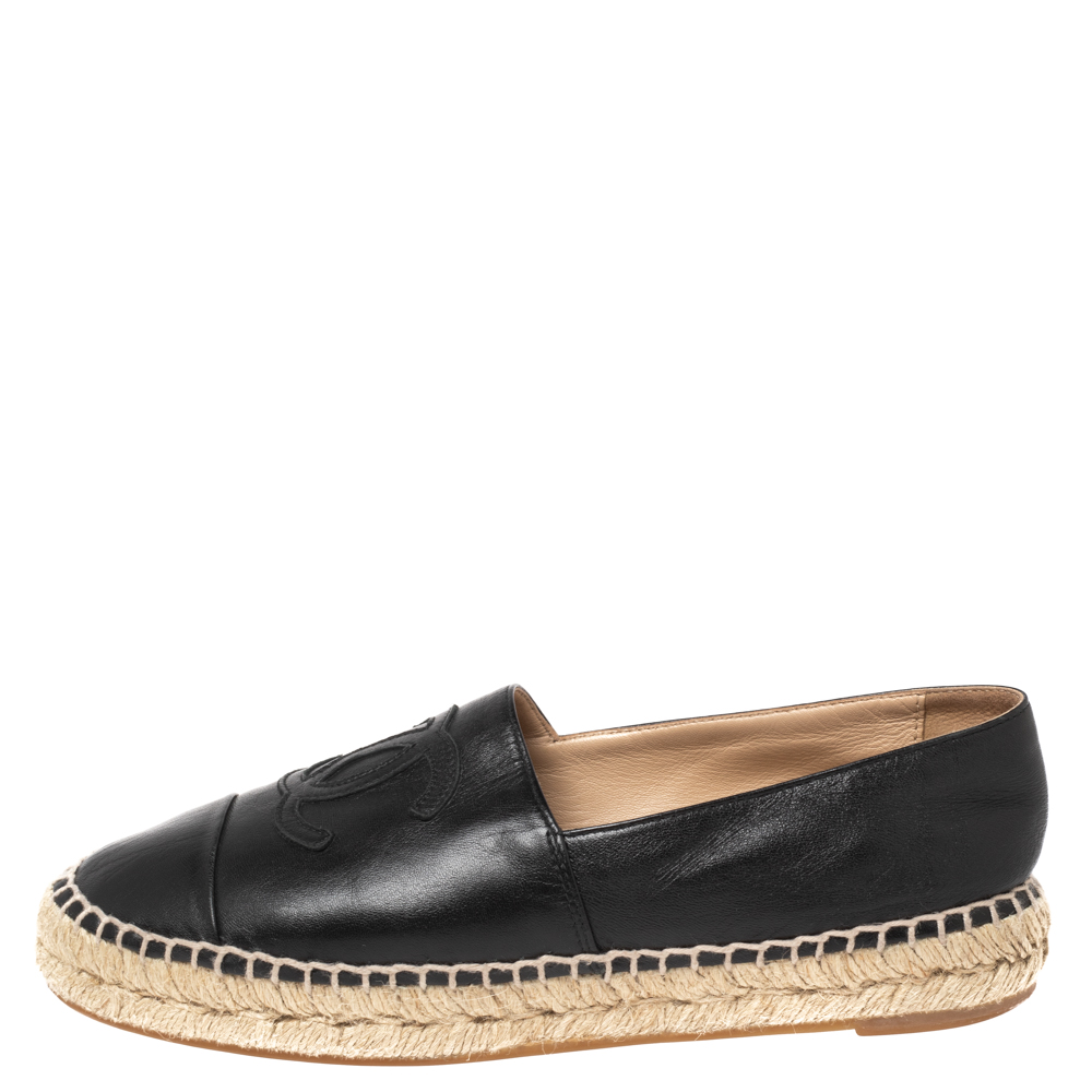

Chanel Black Leather CC Cap Toe Espadrilles Flats Size