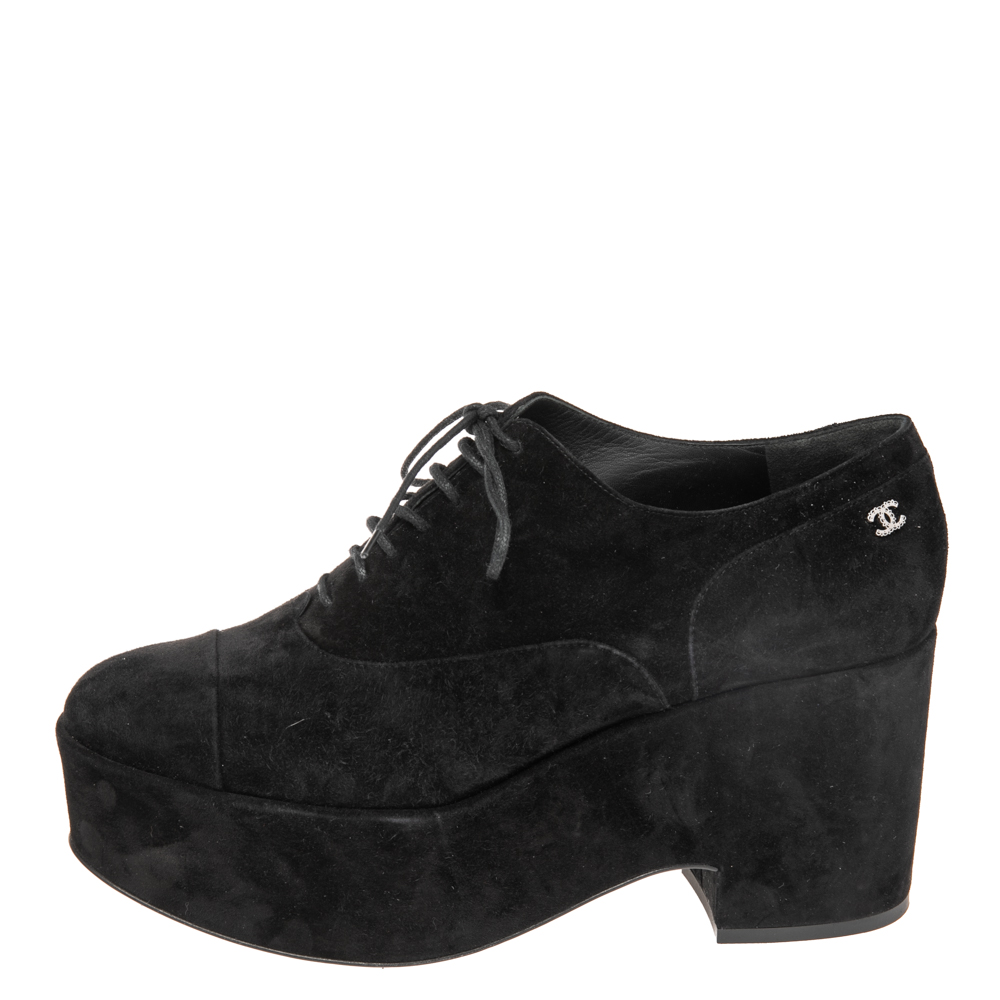 

Chanel Black Suede CC Cap Toe Wedge Oxford Size