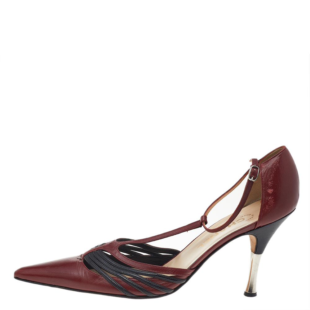 

Chanel Red/Black Leather T Strap D'orsay Pumps Size