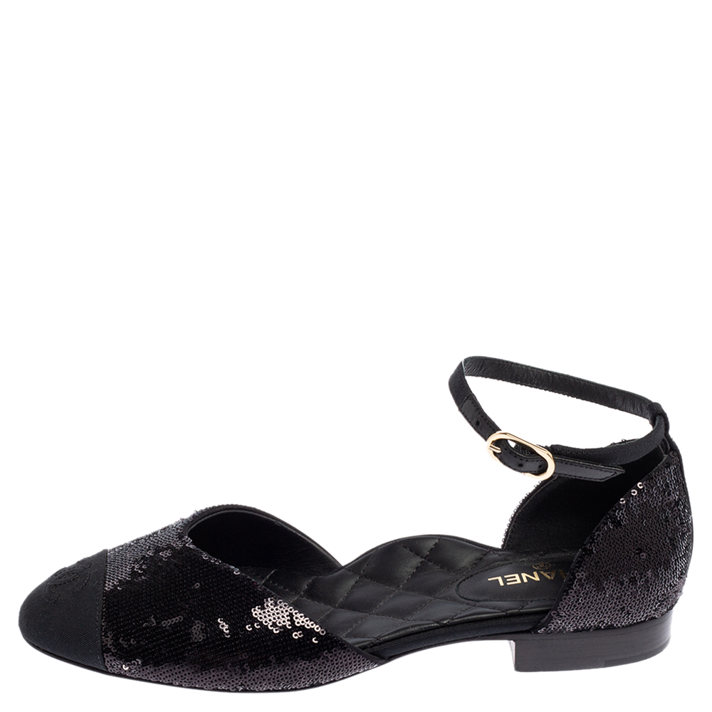 

Chanel Black Sequin And Fabric CC Cap Toe Ankle Strap Flats Size