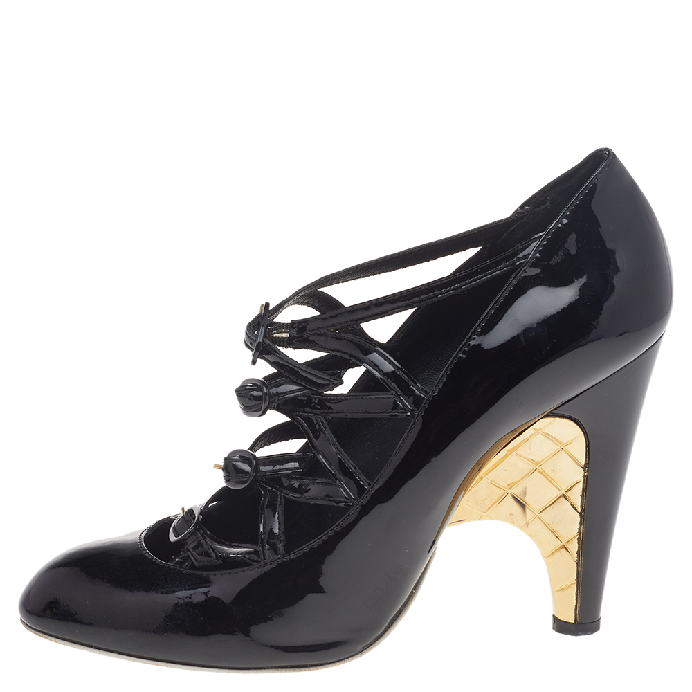 

Chanel Black Patent Leather Cage Heel Strappy Pumps Size