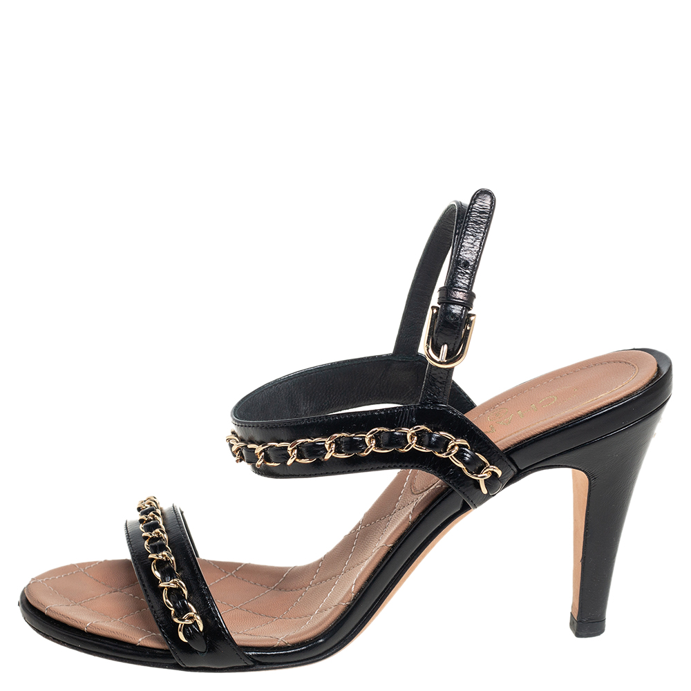 

Chanel Black Leather Chain Link Ankle Strap Sandals Size