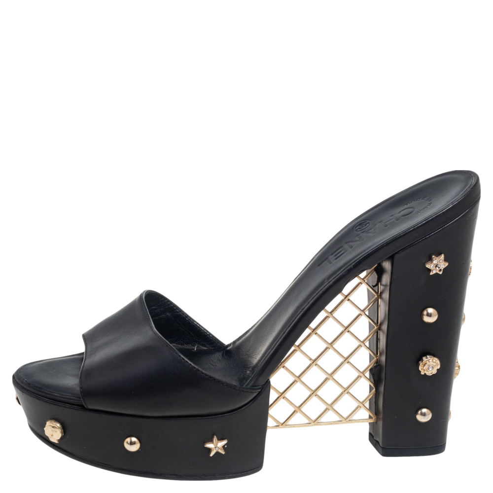 

Chanel Black Leather Embellished Platform Block Heel Sandals Size