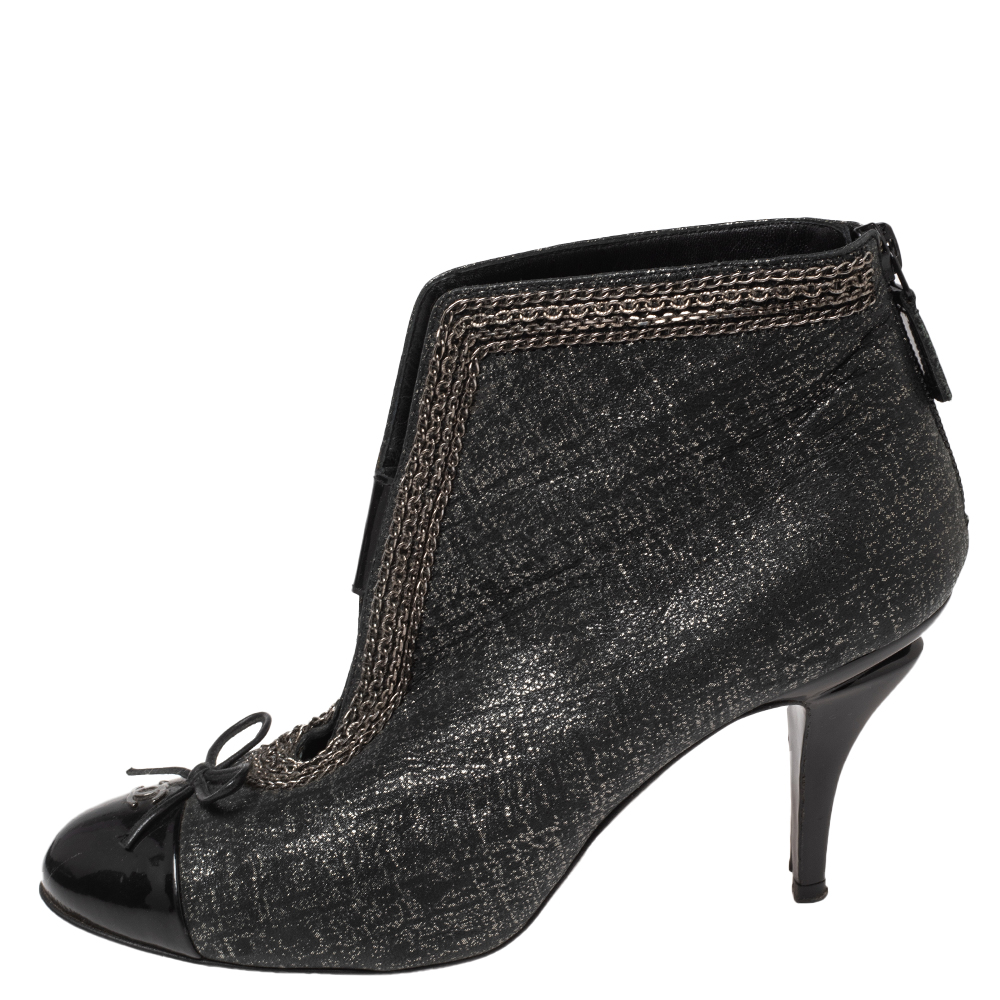 

Chanel Black Shimmery Suede And Patent Leather CC Cap Toe Ankle Boots Size