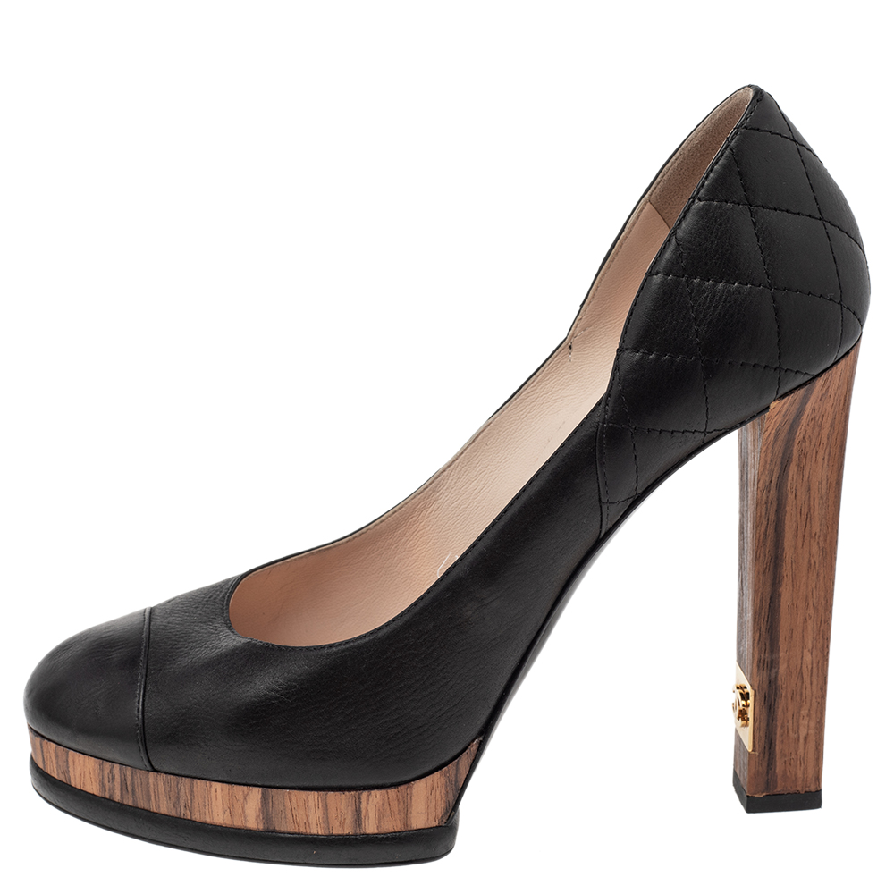 

Chanel Black Quilted Leather Cap Toe Block Heel Pumps Size