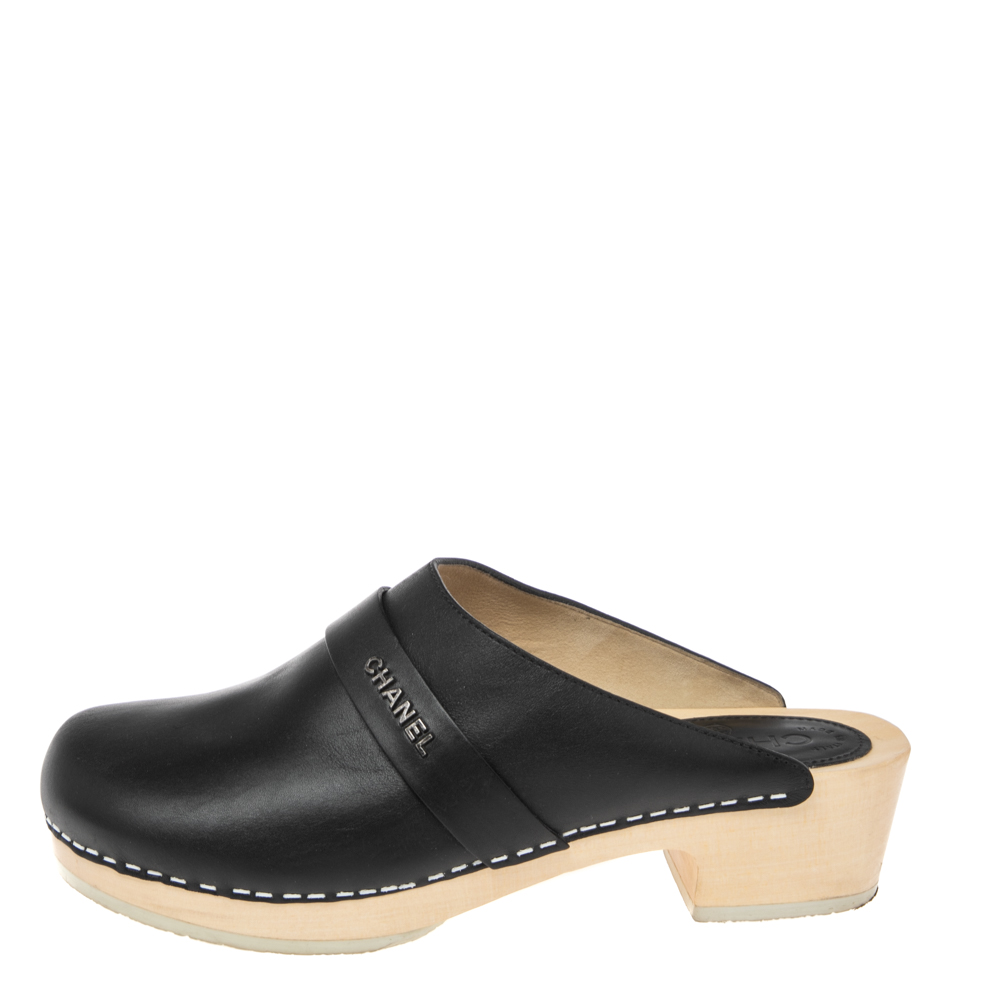 

Chanel Black Leather Wooden Clogs Size