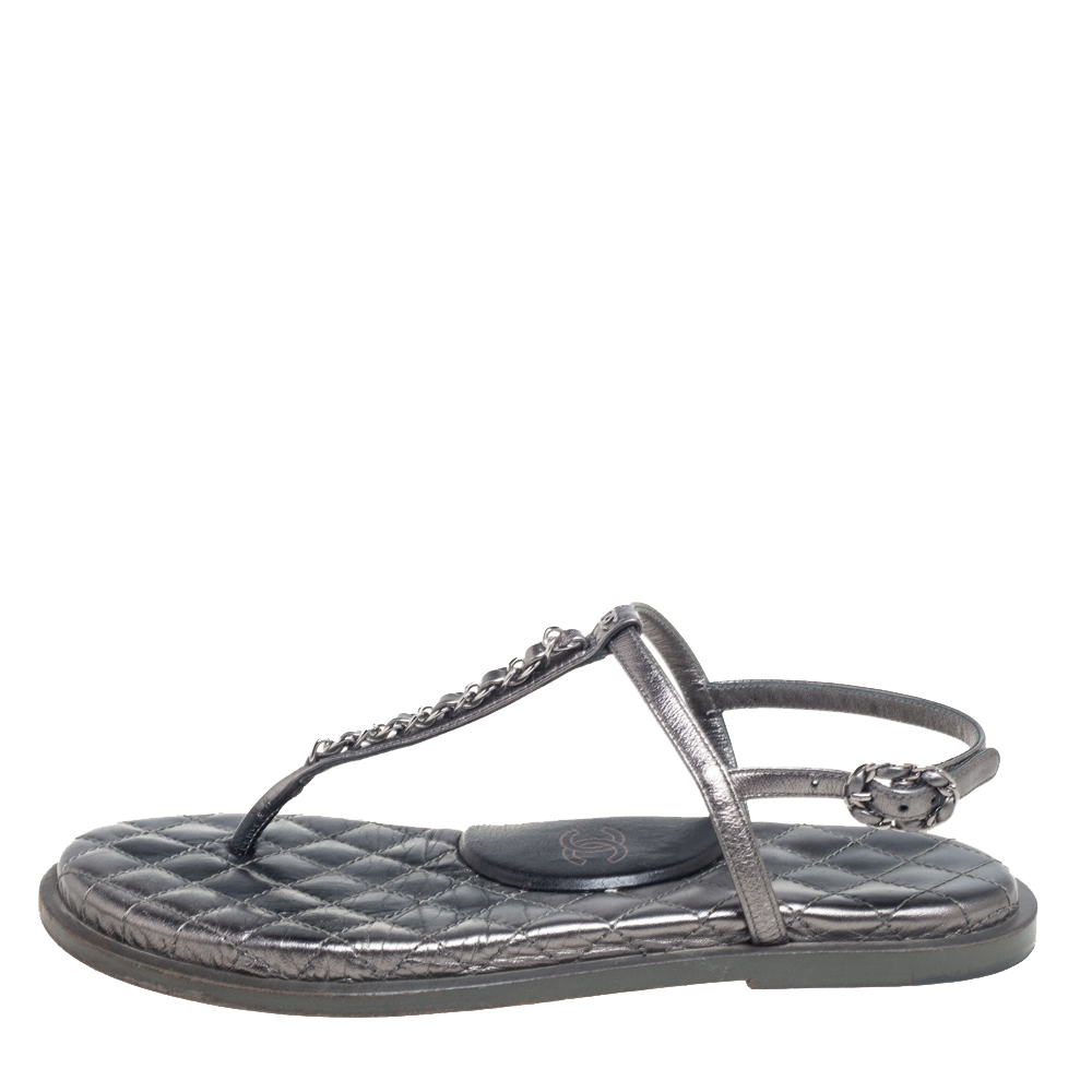 

Chanel Metallic Green Leather Chain Link T-Strap Flats Size