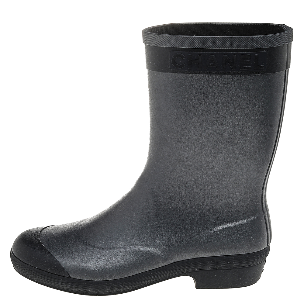 

Chanel Grey/Black Rubber Logo Rain Boots Size