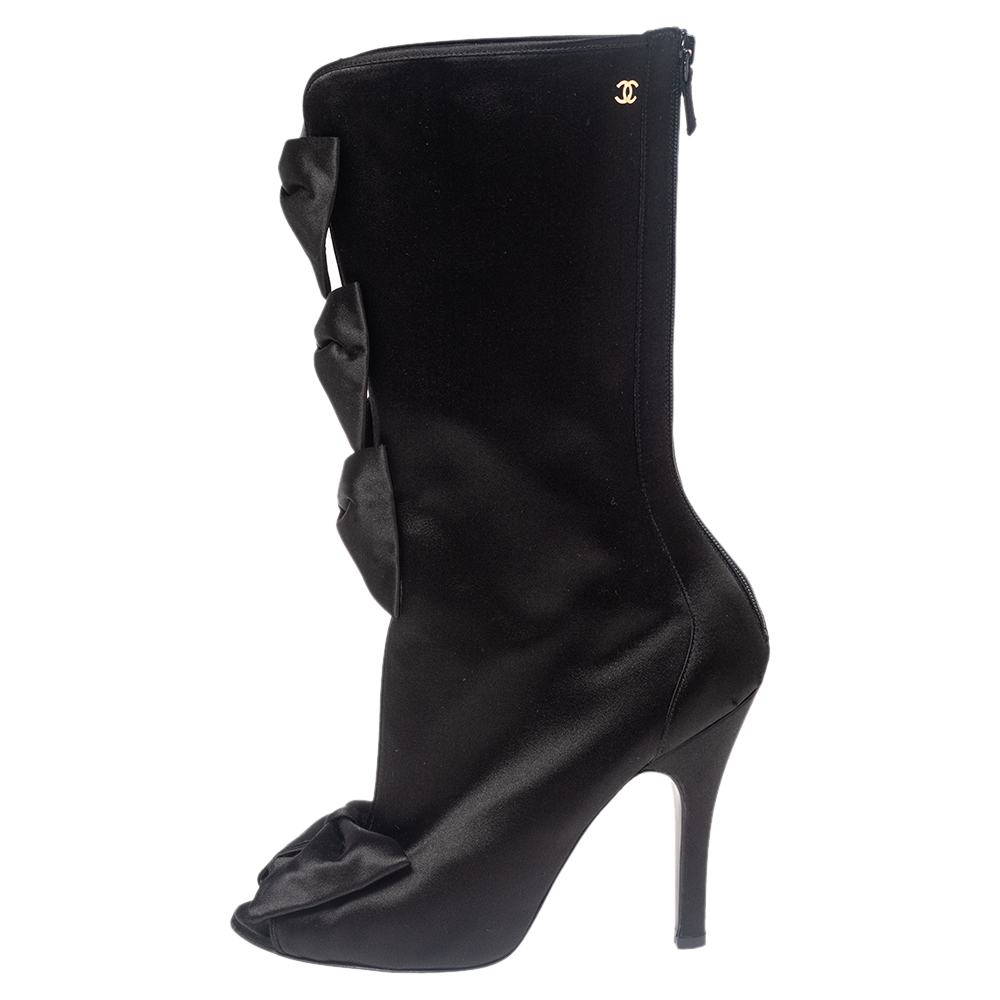 

Chanel Black Satin CC Bow Peep Toe Booties Size