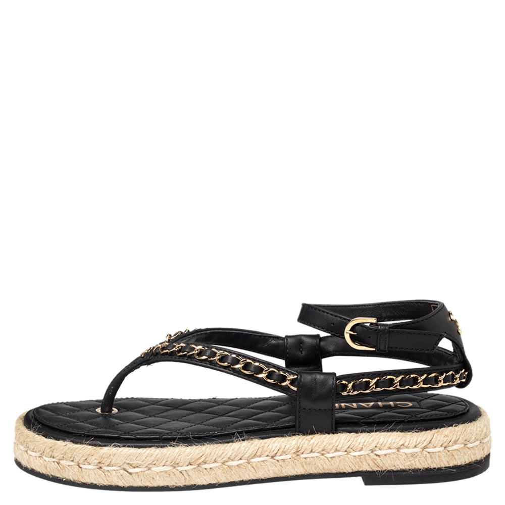 

Chanel Black Quilted Leather CC Chain Thong Espadrille Sandals Size