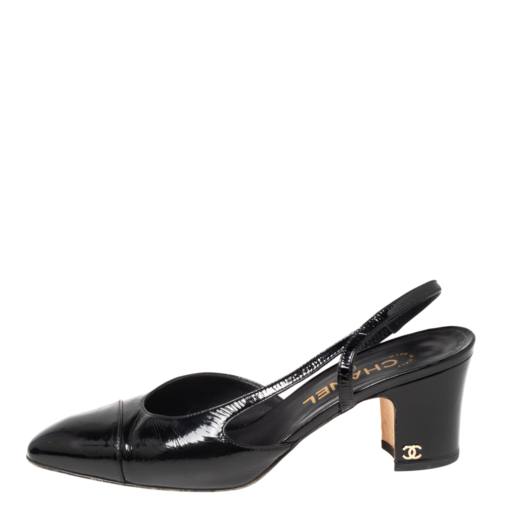 

Chanel Black Patent Leather Cap Toe Slingback Sandals Size