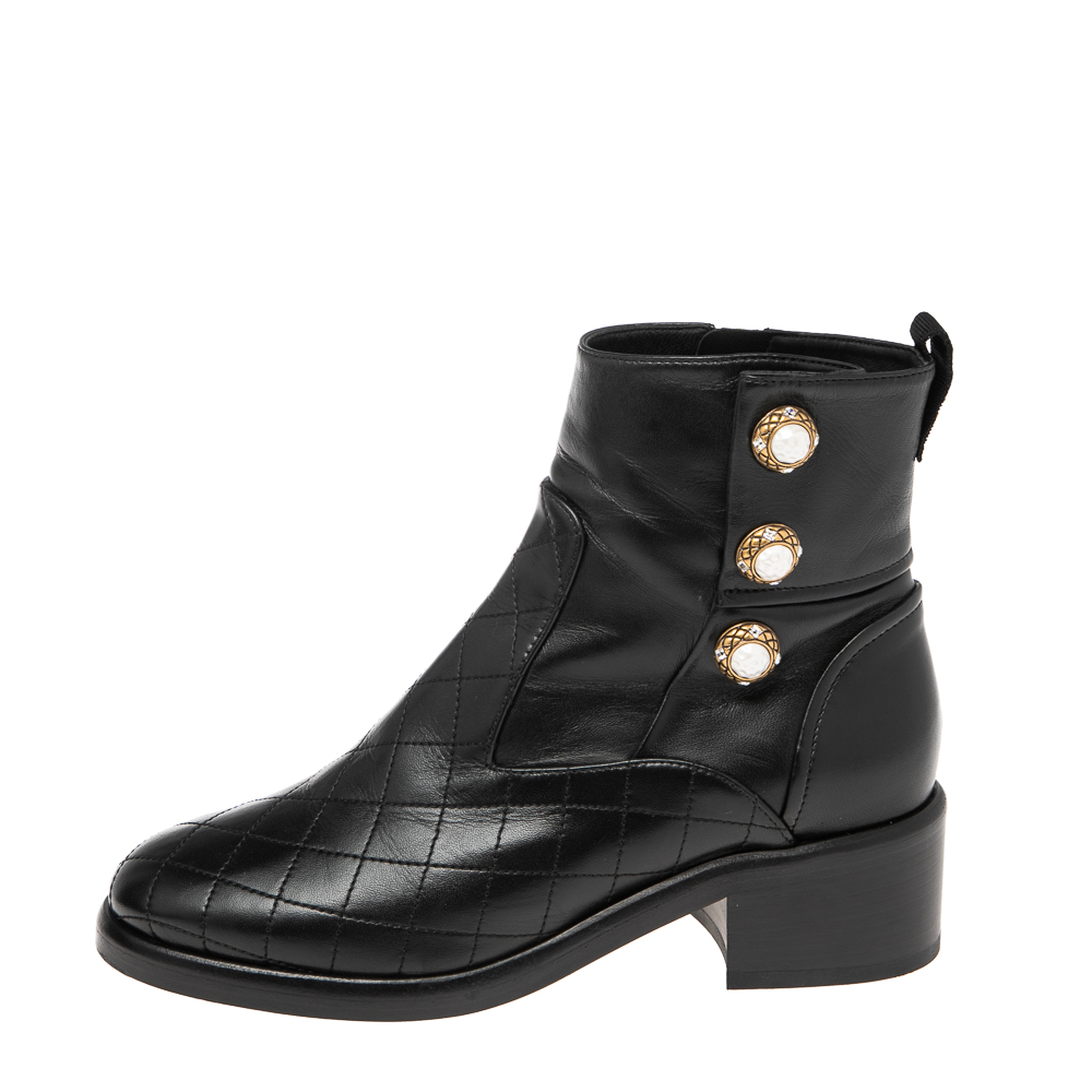 

Chanel Black Leather Embellished Block Heel Ankle Booties Size