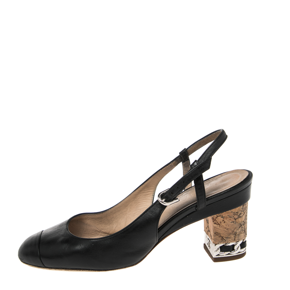 

Chanel Black Leather CC Cap Toe Slingback Pumps Size