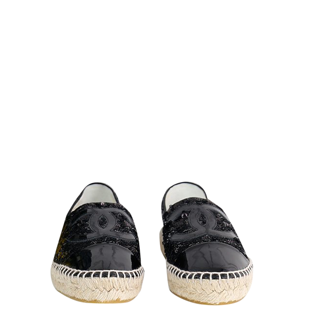 

Chanel Black Patent Leather trim Sequin Embellishments Espadrilles Size IT