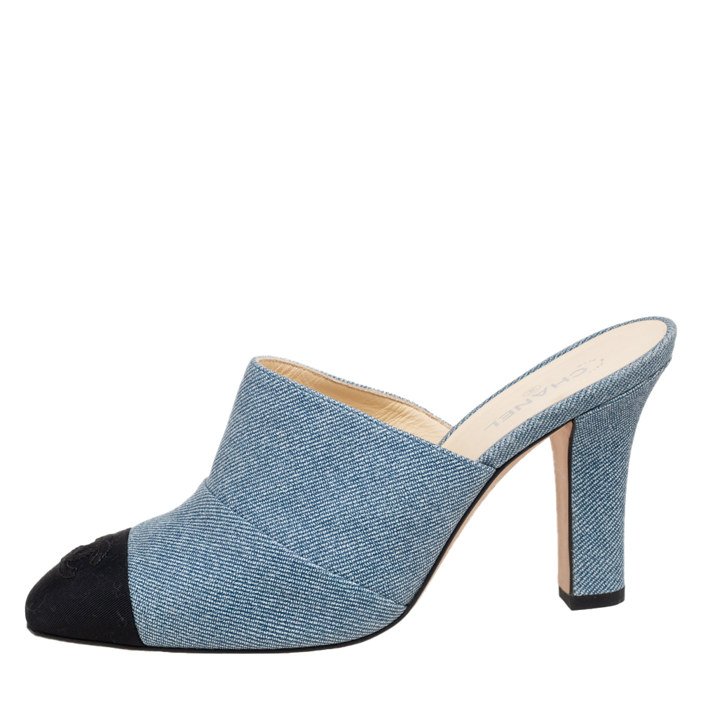 

Chanel Black/Blue Denim and Fabric CC Mules Size