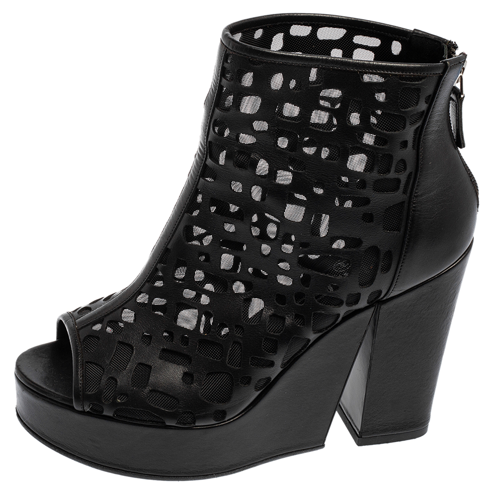 

Chanel Black Leather and Mesh Cut-Out Peep Toe Platform Ankle Boots