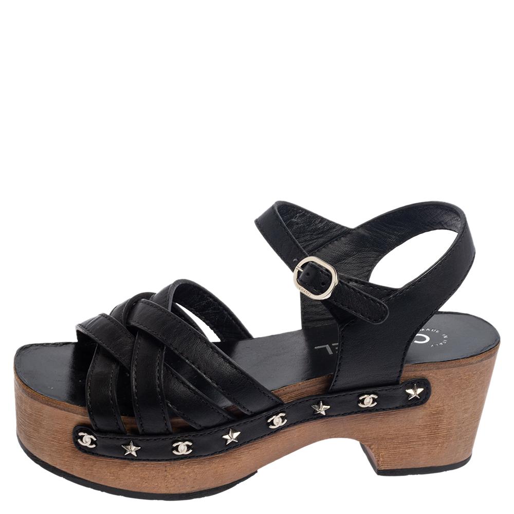 

Chanel Black Leather Strappy Wooden Platform Sandals Size