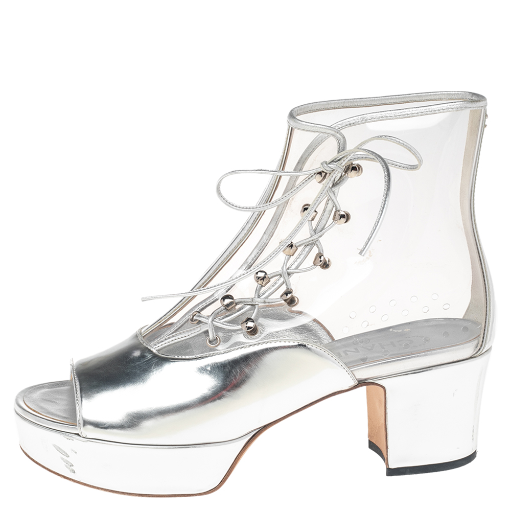 

Chanel Silver/Transparent Leather and PVC Lace Open Toe Ankle Boots Size