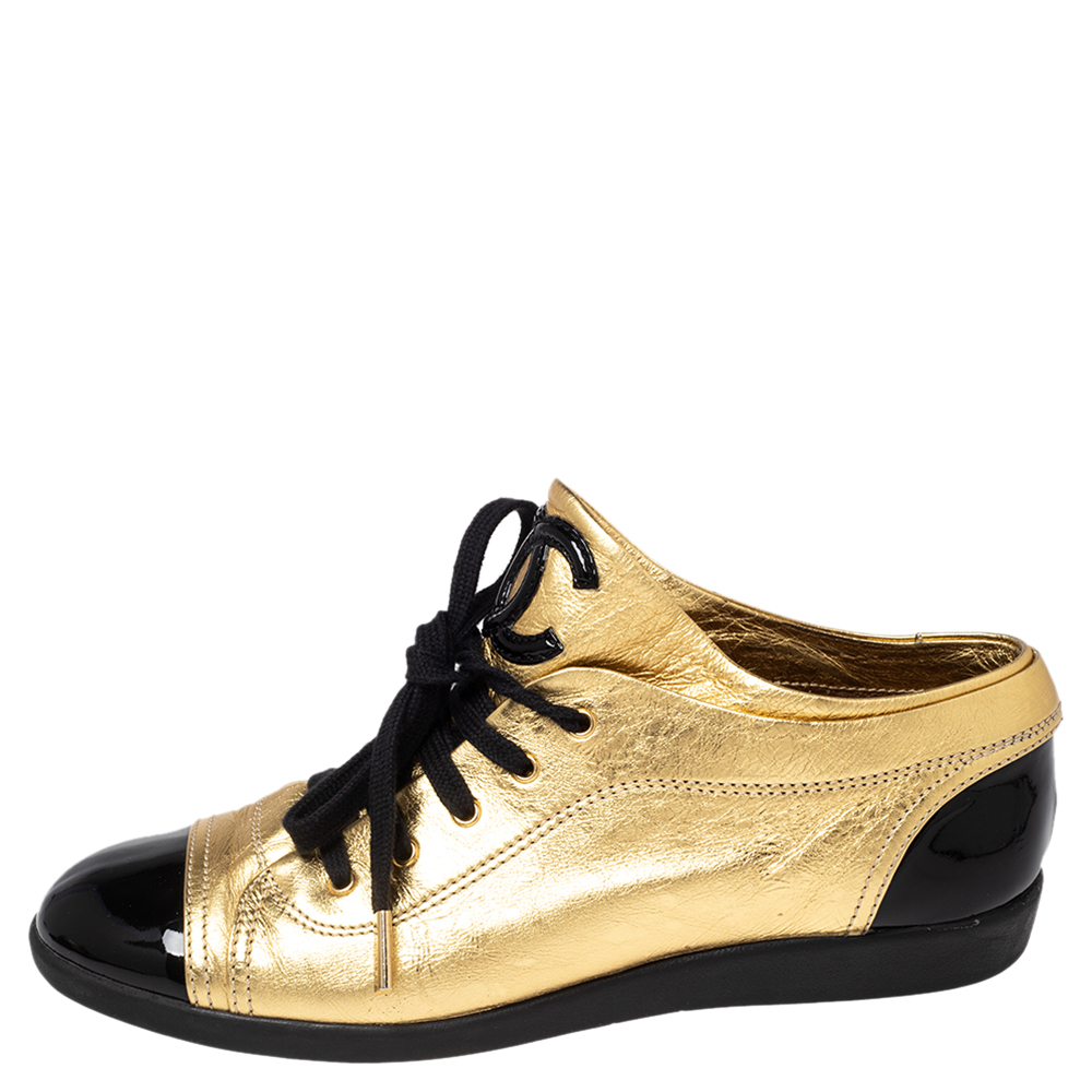 

Chanel Gold-Black Patent And Leather Cap Toe Lace Up Sneakers Size