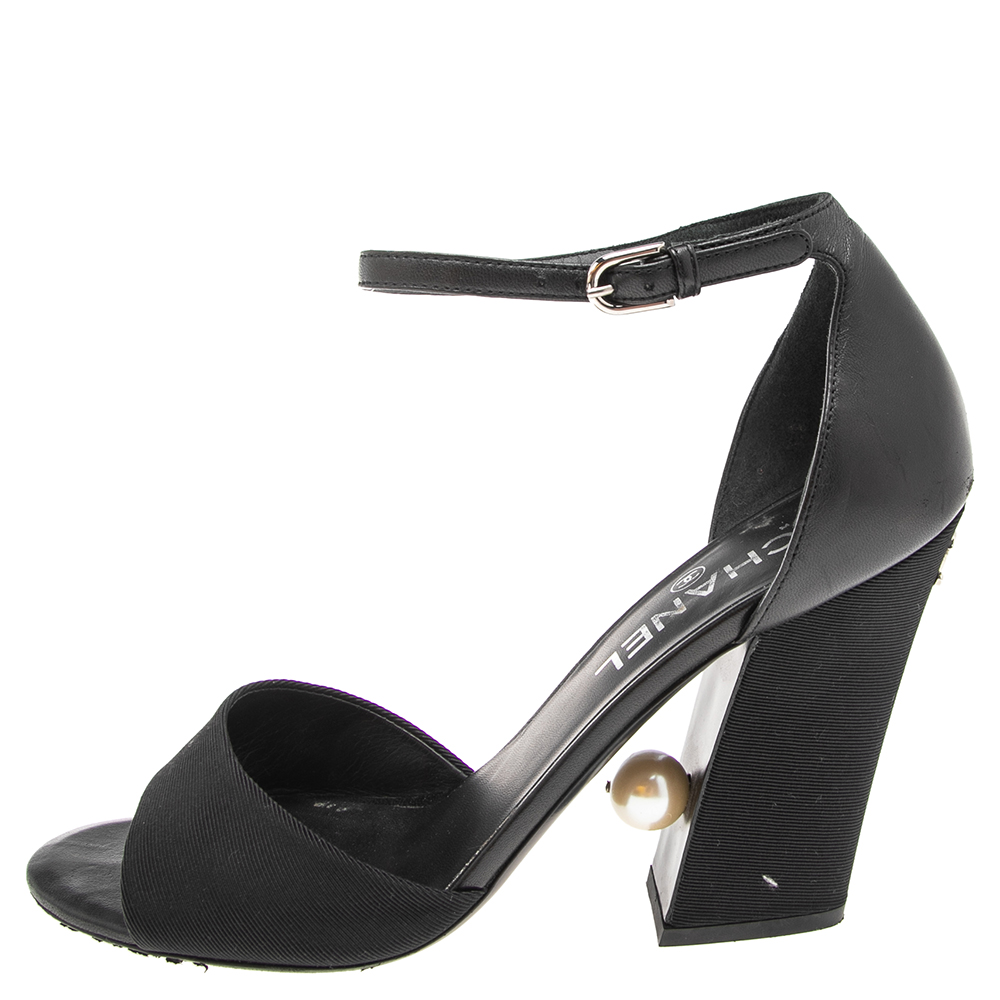 

Chanel Black Leather And Canvas Pearl Embellishment Heel Ankle Strap Sandals Size