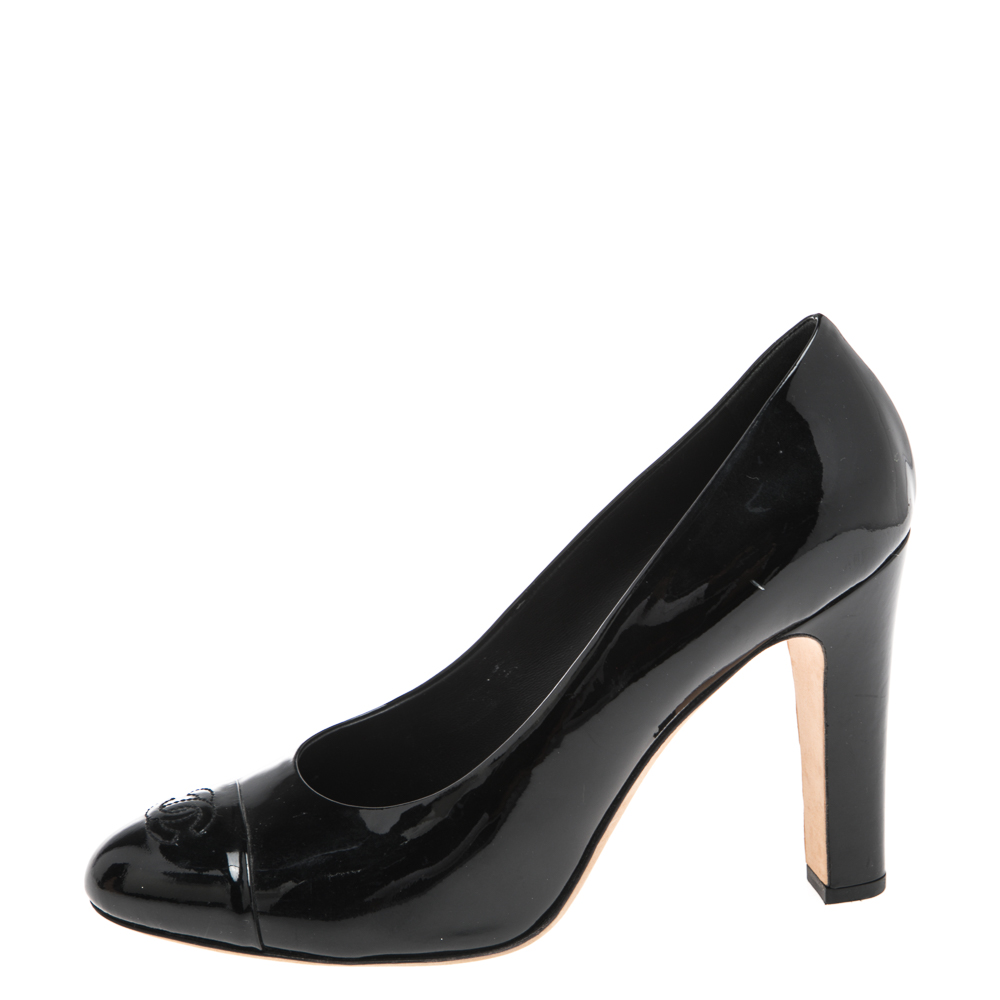 

Chanel Black Patent Leather CC Cap Toe Pumps Size