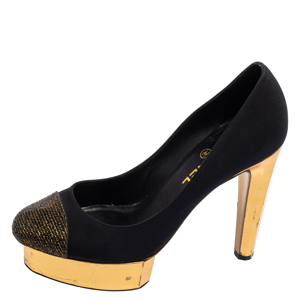 

Chanel Black/Gold Fabric Cap Toe Platform Pumps Size