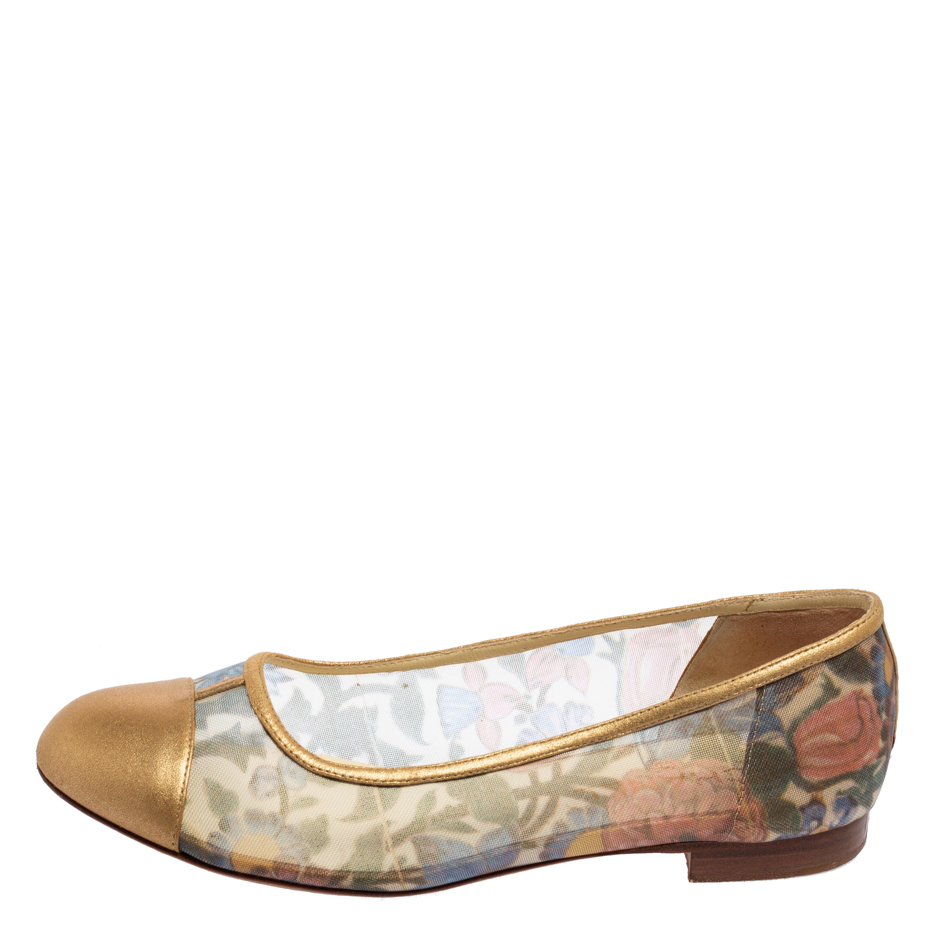 

Chanel Multicolor Net and Leather CC Cap Toe Ballet Flats Size
